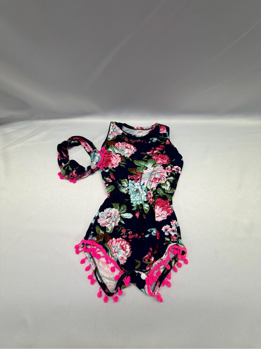 Girls Floral Pom‑Pom Romper + Headband | Unbranded | GUC | 4/5T
